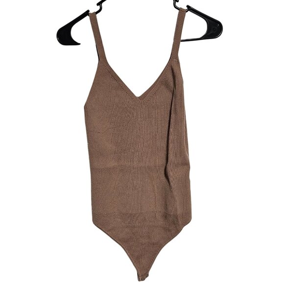 Abercrombie & Fitch Brown Ribbed Bodysuit Womens Size Large V-Neck Straps - Picture 1 of 6